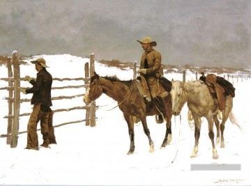 Cowboy à la grange en hiver Peinture à l'huile